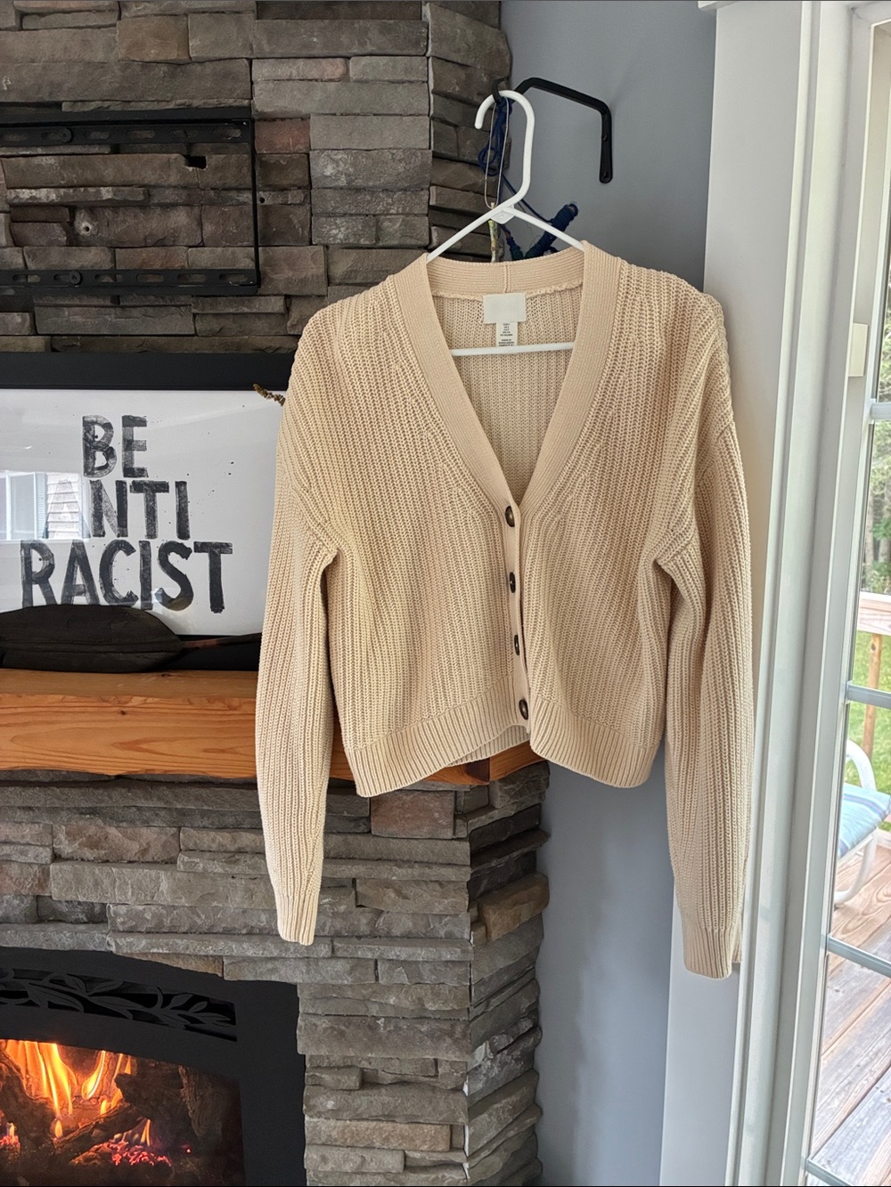 Women's Cropped Cream Button-Front Ribbed Cardigan Sweater